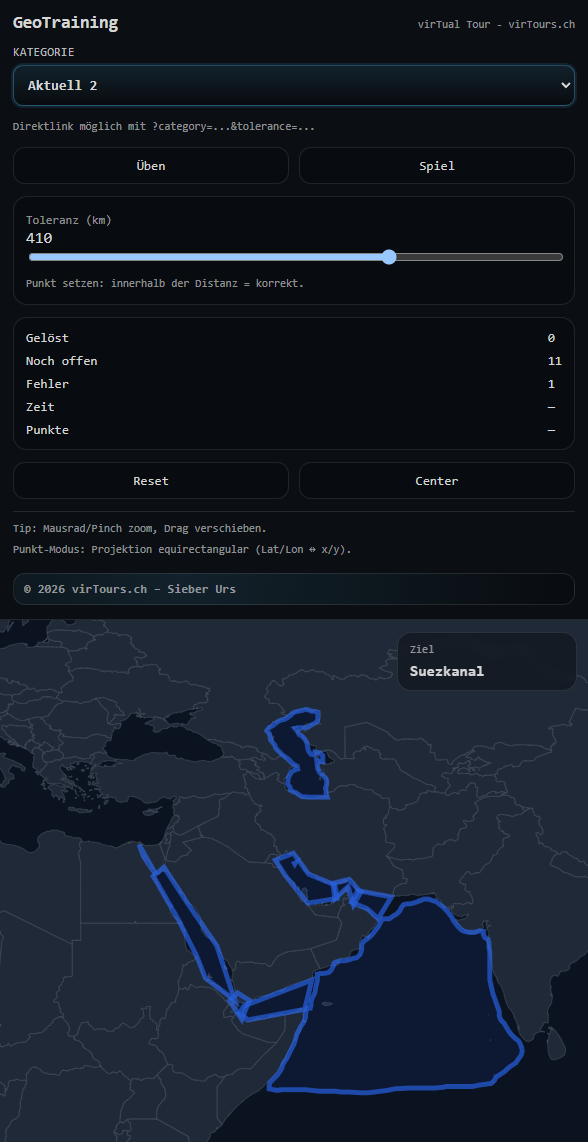 GeoTraining WebApp mit Kartenübung und Spielmodus