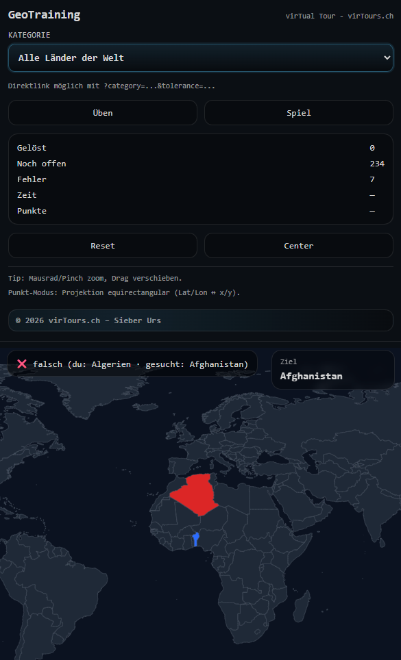 GeoTraining WebApp mit Kartenübung und Spielmodus