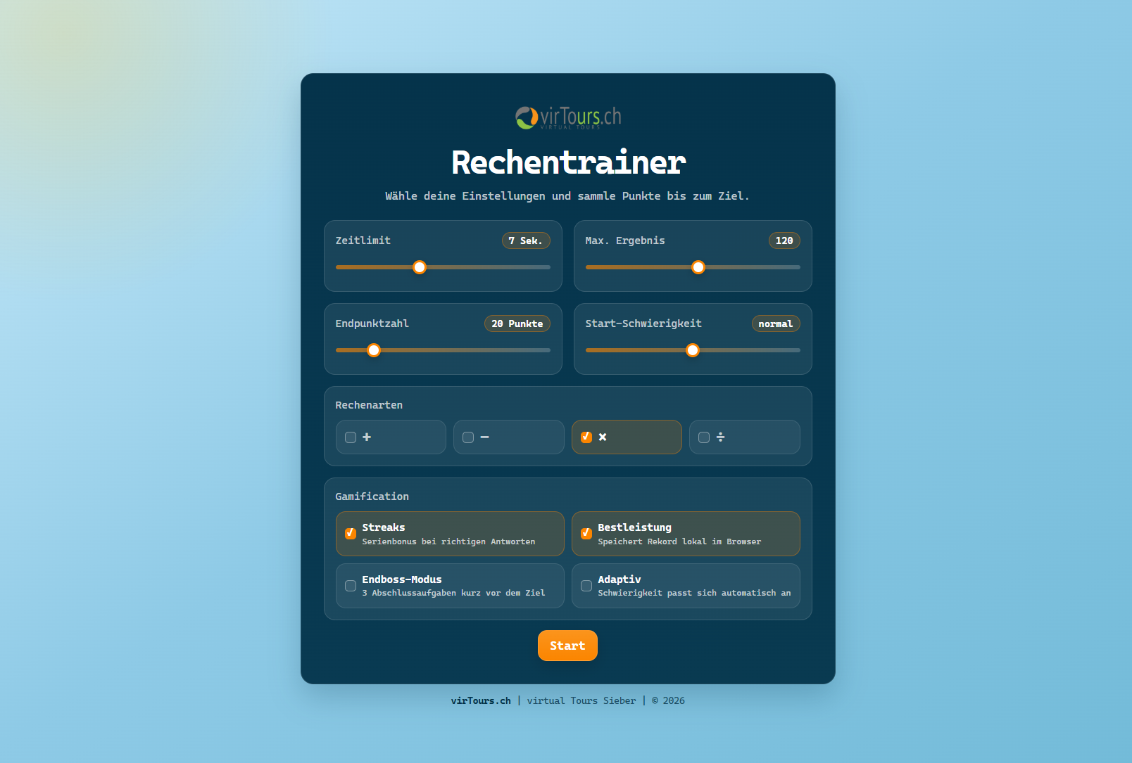 Startansicht des 1x1Trainers mit Einstellungen und Gamification