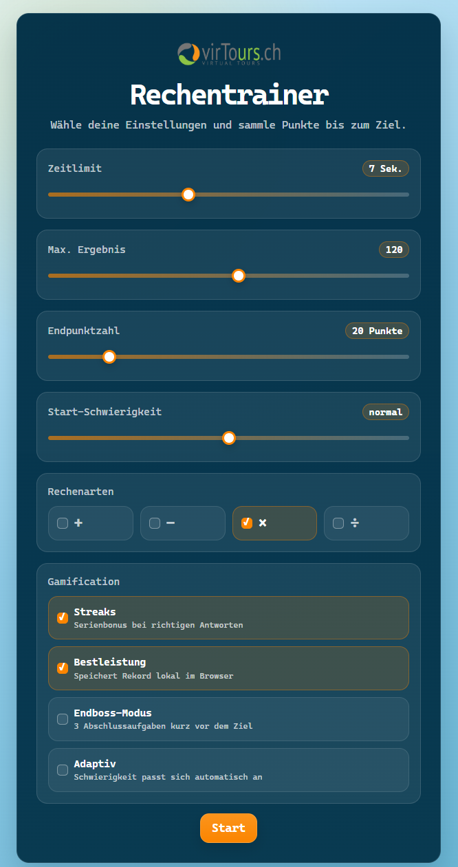 Startansicht des 1x1Trainers mit Einstellungen und Gamification
