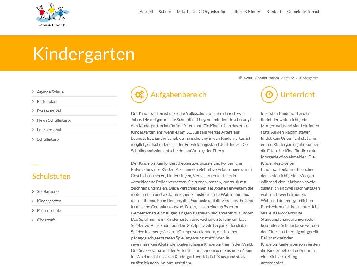 Inhaltsseite der Website Schule Tübach